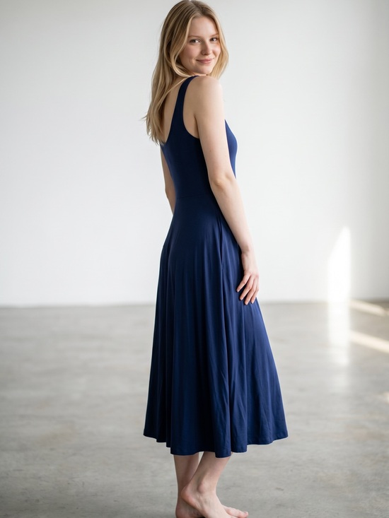 Quince Dresses & Skirts - NWT- Quince Tencel jersey fit and flare midi dress. Size large in Navy.